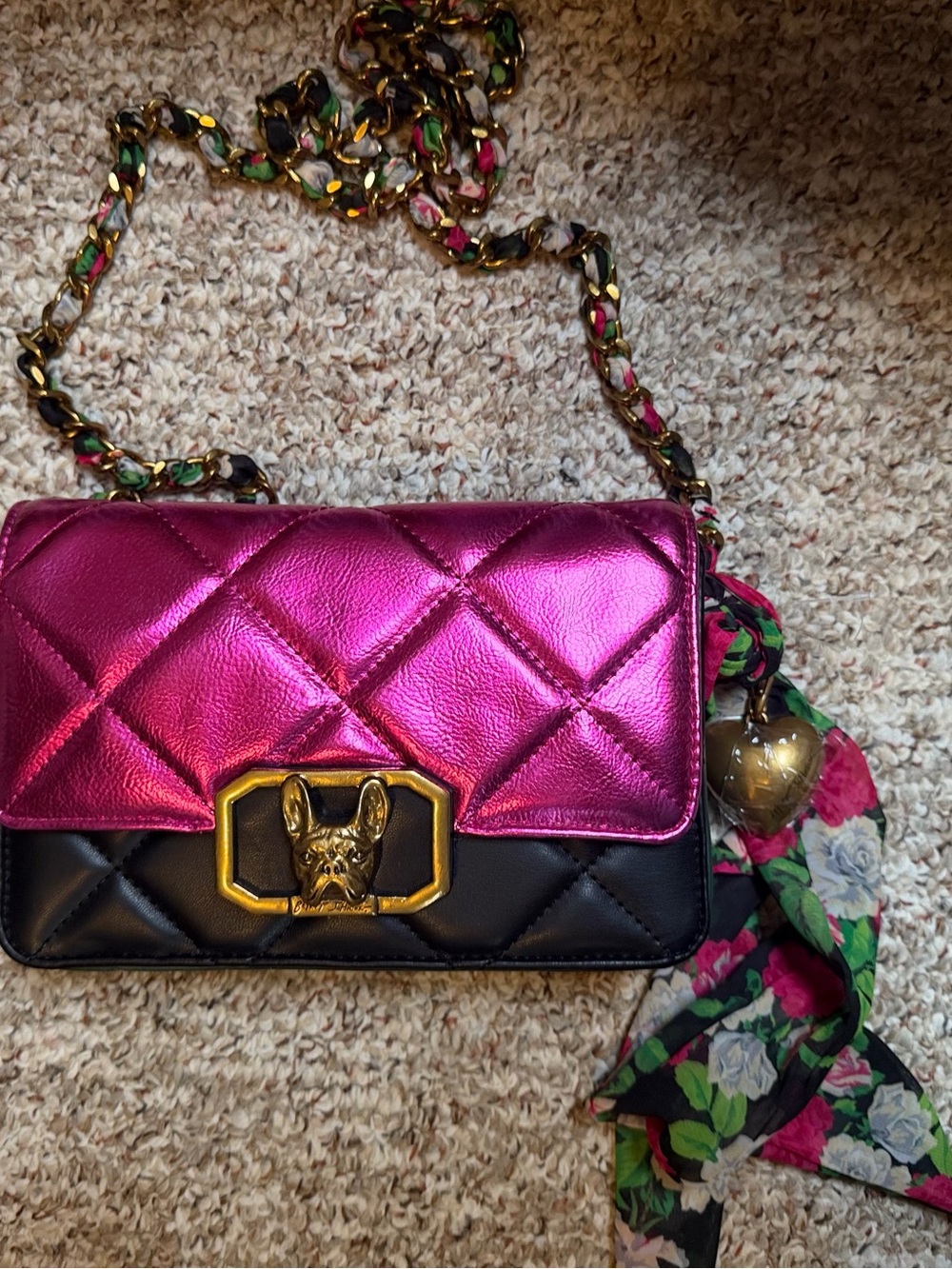 Betsey Johnson Metallic Fuchsia and Black Quilted Crossbody with Chain Strap